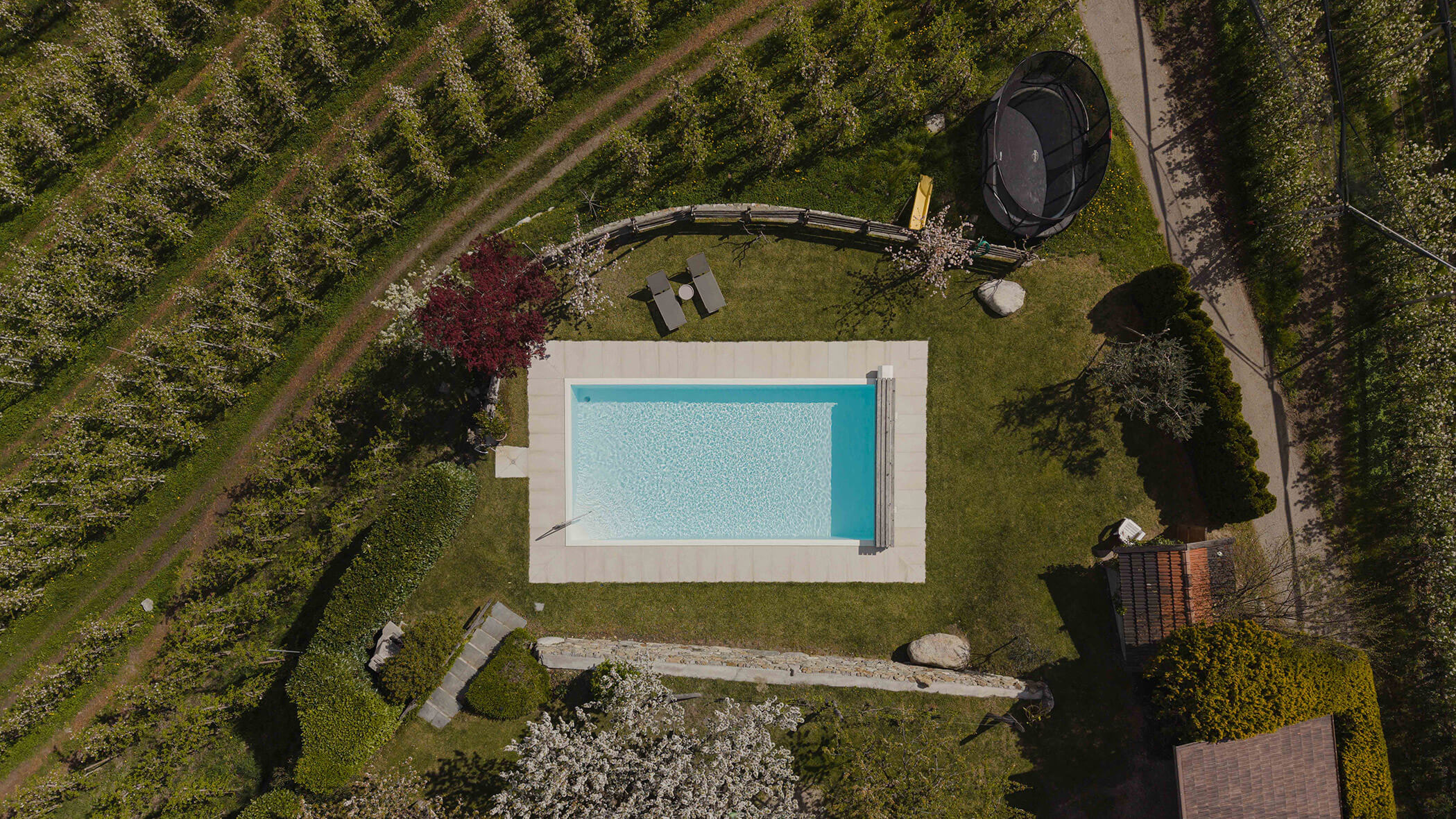 Luftaufnahme eines rechteckigen Pools, von Liegestühlen, eines Trampolins und eines Gartens, umgeben von grünen Bäumen und Wegen. - Bucherhof